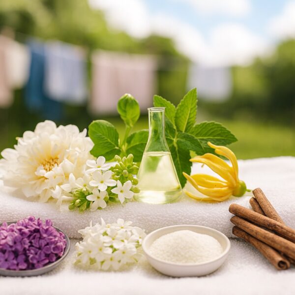 Ingrédients et ambiance fraîche associés au parfum n°15 « Bonheur Coton », inspirés du linge propre, des fleurs blanches et d’une lumière douce d’été.