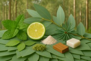 Ingrédients du parfum Eucalyptus Menthe – menthe verte, bergamote, eucalyptus, pin, poudre aldehydée, mousse de chêne et bois de cèdre, composition fresh & premium boo-j.