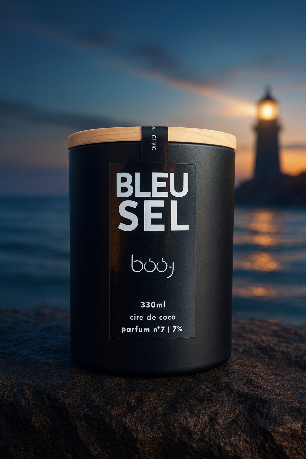 Visuel marin du parfum Bleu Sel, ambiance océan profonde et phare lumineux, dans l’esthétique boo-j.