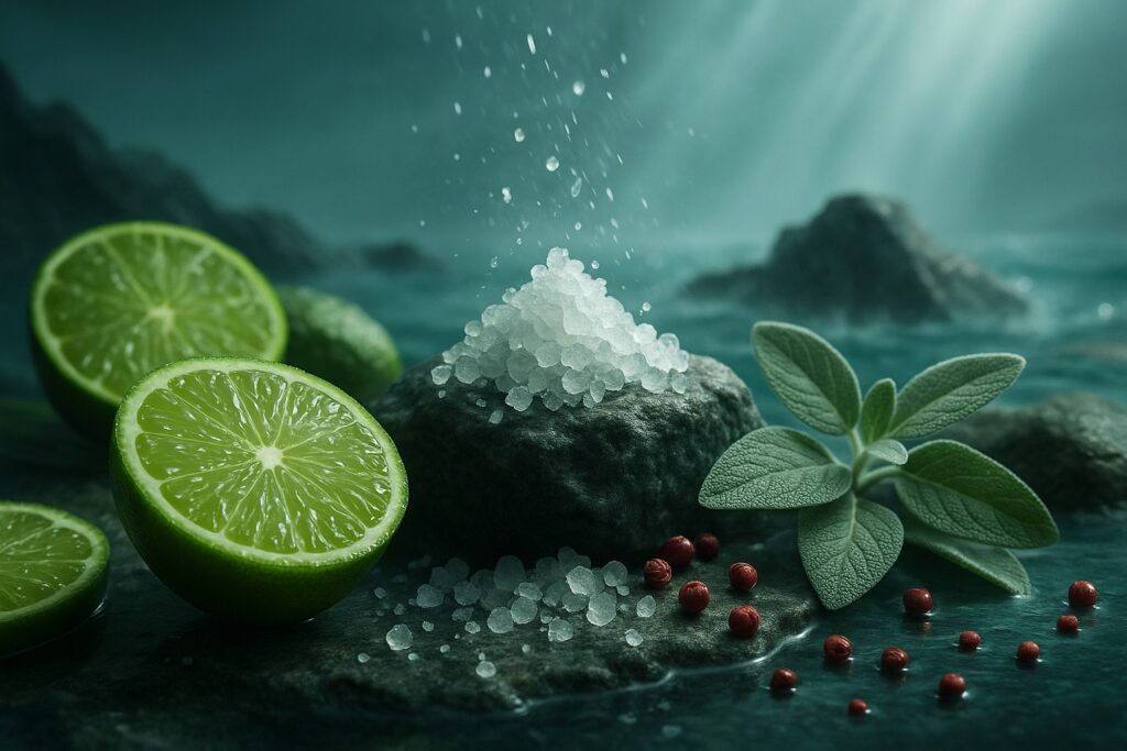 Visuel parfum Vert Océan — mandarine verte, cristaux de sel marin, sauge fraîche et poivre rose sur roche humide, ambiance océan minérale et lumineuse.