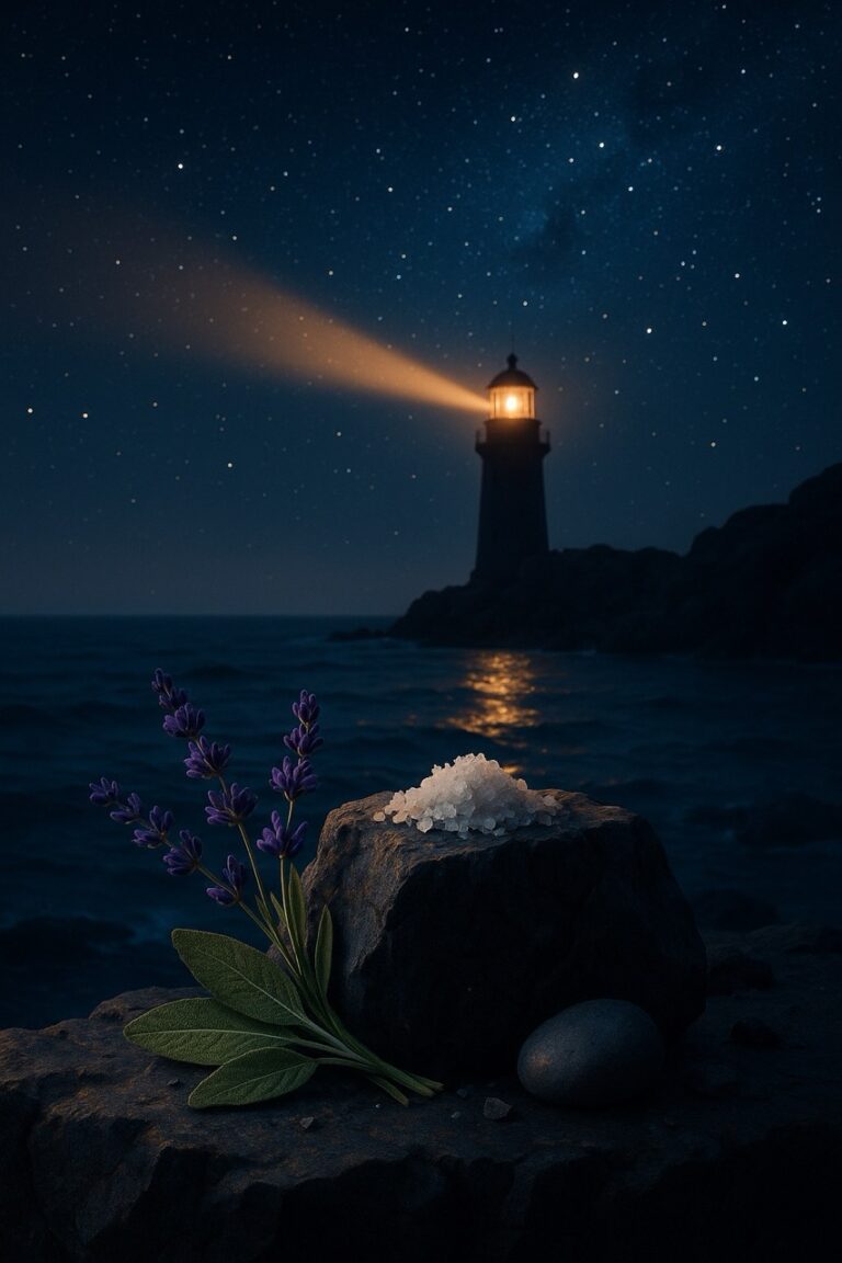 Visuel d’ambiance du parfum Bleu Sel, avec paysage marin nocturne, lumière douce et éléments minéraux.