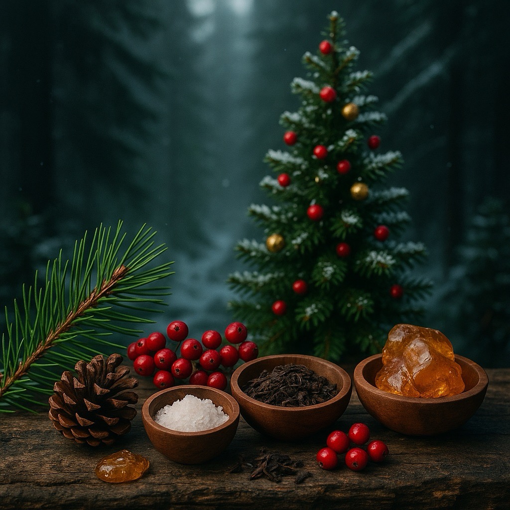 Illustration festive évoquant l’ambiance du parfum CONIFÊTES, avec sapins, couleurs de Noël et atmosphère chaleureuse.