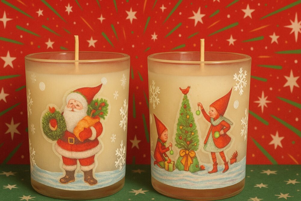 Bougies kitsch de Noël boo-j, parfum Conifêtes n°8, illustrées avec Père Noël et lutins devant un fond festif rouge étoilé.