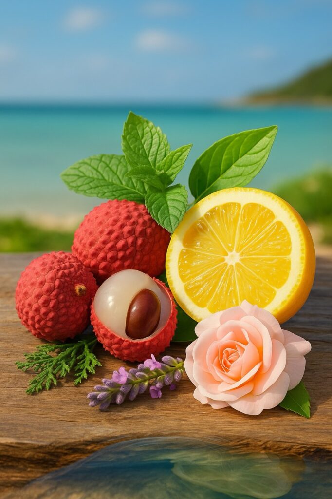 Ingrédients du parfum litchi citron – litchis frais, citron juteux, menthe, rose et notes boisées sur fond tropical.