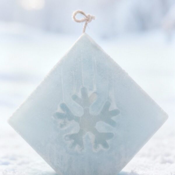 Bougie Carré sur pointe boo-j en cire végétale, motif flocon sculpté, pièce artisanale.
