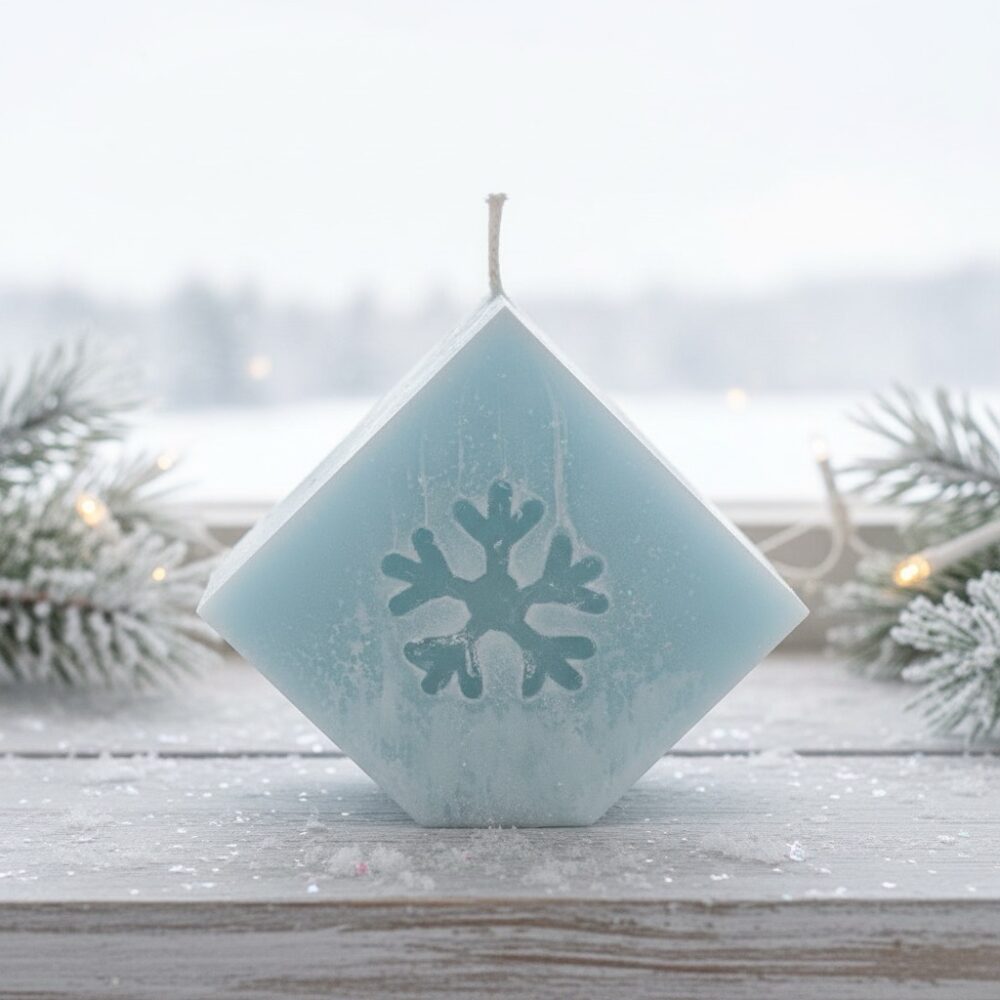 Bougie Carré sur pointe boo-j en cire végétale, motif flocon sculpté, pièce artisanale.