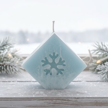 Bougie Carré sur pointe boo-j en cire végétale, motif flocon sculpté, pièce artisanale.