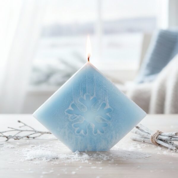 Bougie Carré sur pointe boo-j en cire végétale, motif flocon sculpté, pièce artisanale.