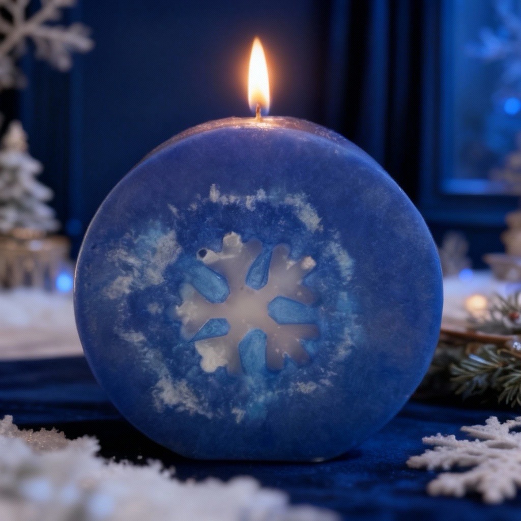 Bougie disque vertical flocon boo-j en cire végétale, pièce artisanale présentée dans une ambiance hivernale.