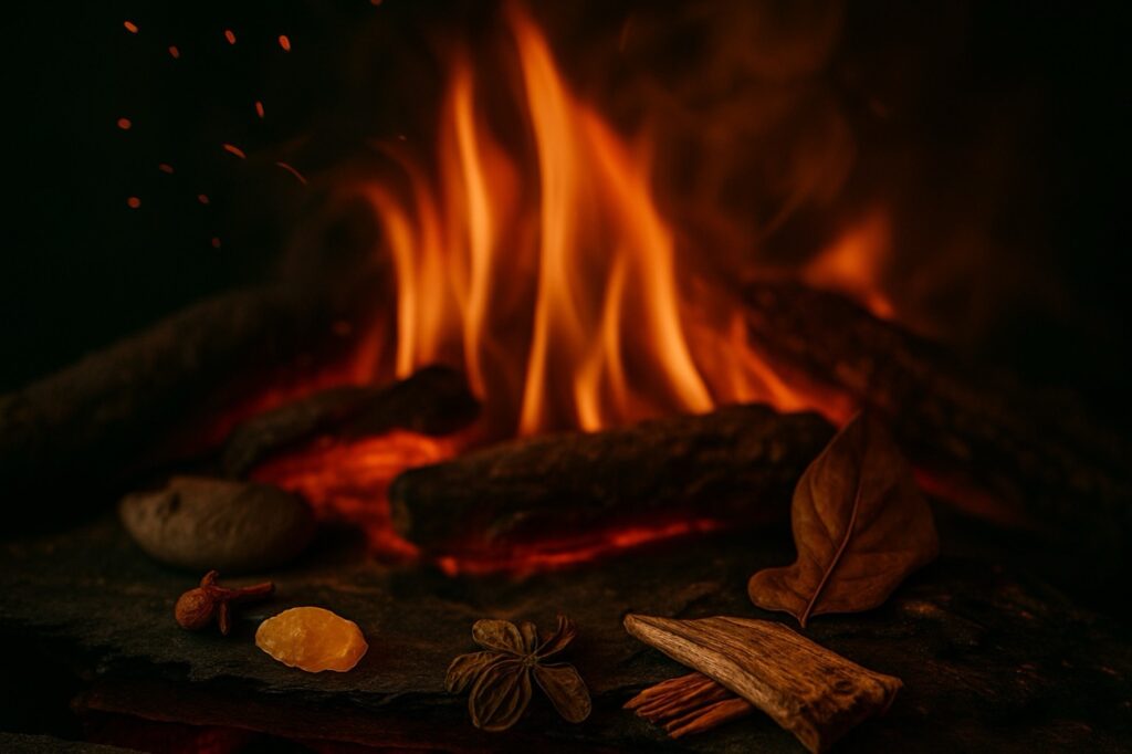 Visuel chaleureux du parfum n°13 Au Coin du Feu — épices, braises et bois brûlant devant un feu crépitant.