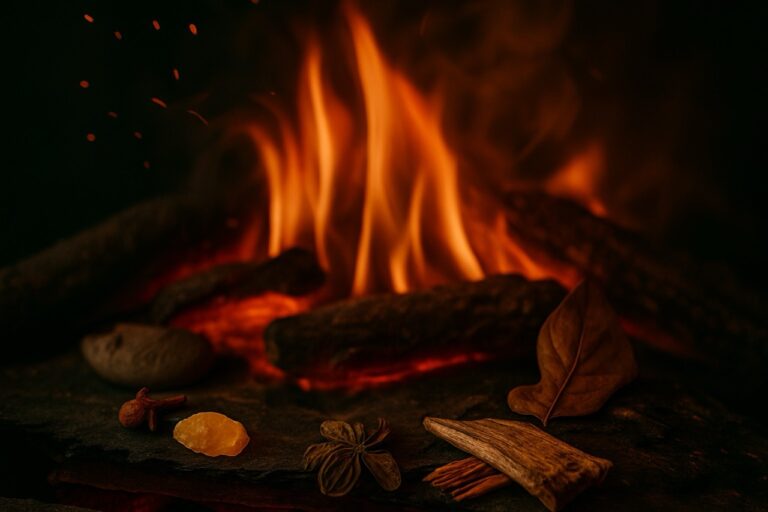 Visuel chaleureux du parfum n°13 Au Coin du Feu — épices, braises et bois brûlant devant un feu crépitant.