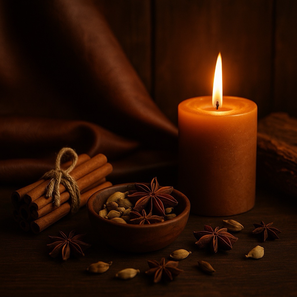 Ambiance chaude et épicée pour le parfum n°1 Or Ambré — cannelle, cardamome et lumière ambrée dans un décor feutré.