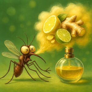 Illustration humoristique d’un moustique surpris, enveloppé dans un nuage parfumé aux notes de citron et gingembre provenant d’un flacon, ambiance verte et jaune.
