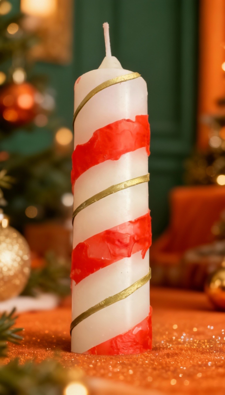 Bougie petit cylindre de Noël boo-j en cire mixte, décor rouge et spirale dorée artisanale.