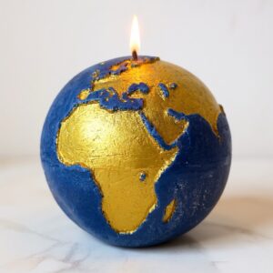 Bougie globe terre bleue outremer continents dorés 19cm