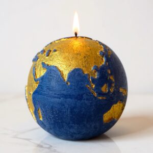 Bougie globe terre bleue outremer continents dorés 19cm