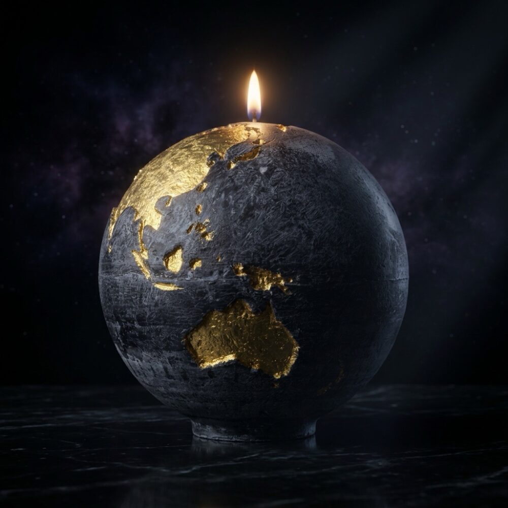 Bougie globe terre noire anthracite continents dorés 19cm