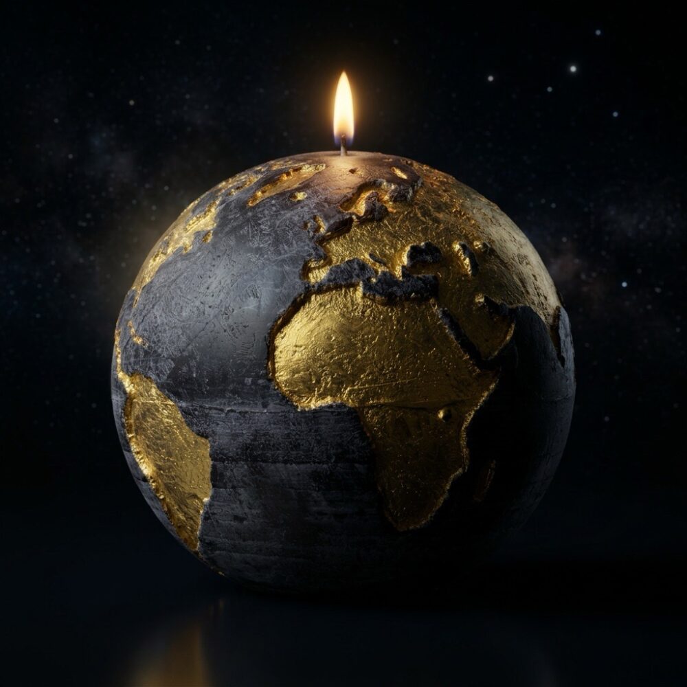 Bougie globe terre noire anthracite continents dorés 19cm