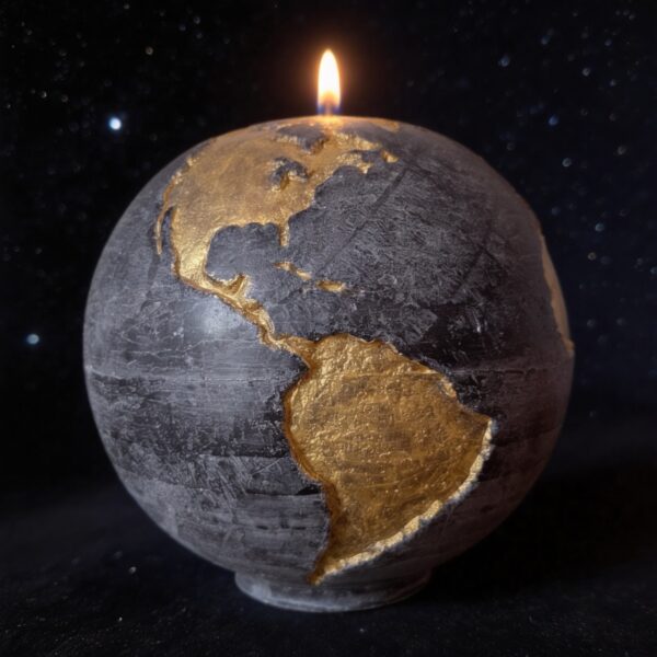 Bougie globe terre noire anthracite continents dorés 19cm