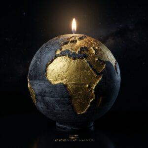 Bougie globe terre noire anthracite continents dorés 19cm