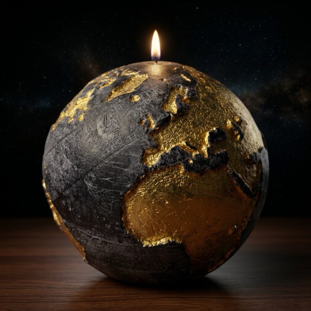 Bougie globe terre noire anthracite continents dorés 19cm