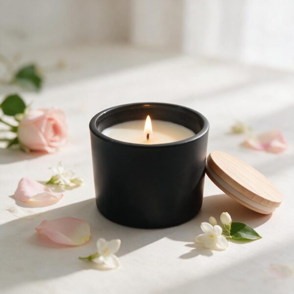 Bougie parfumée boo·j Rose Jasmin 100ml, pot anthracite avec couvercle en bois