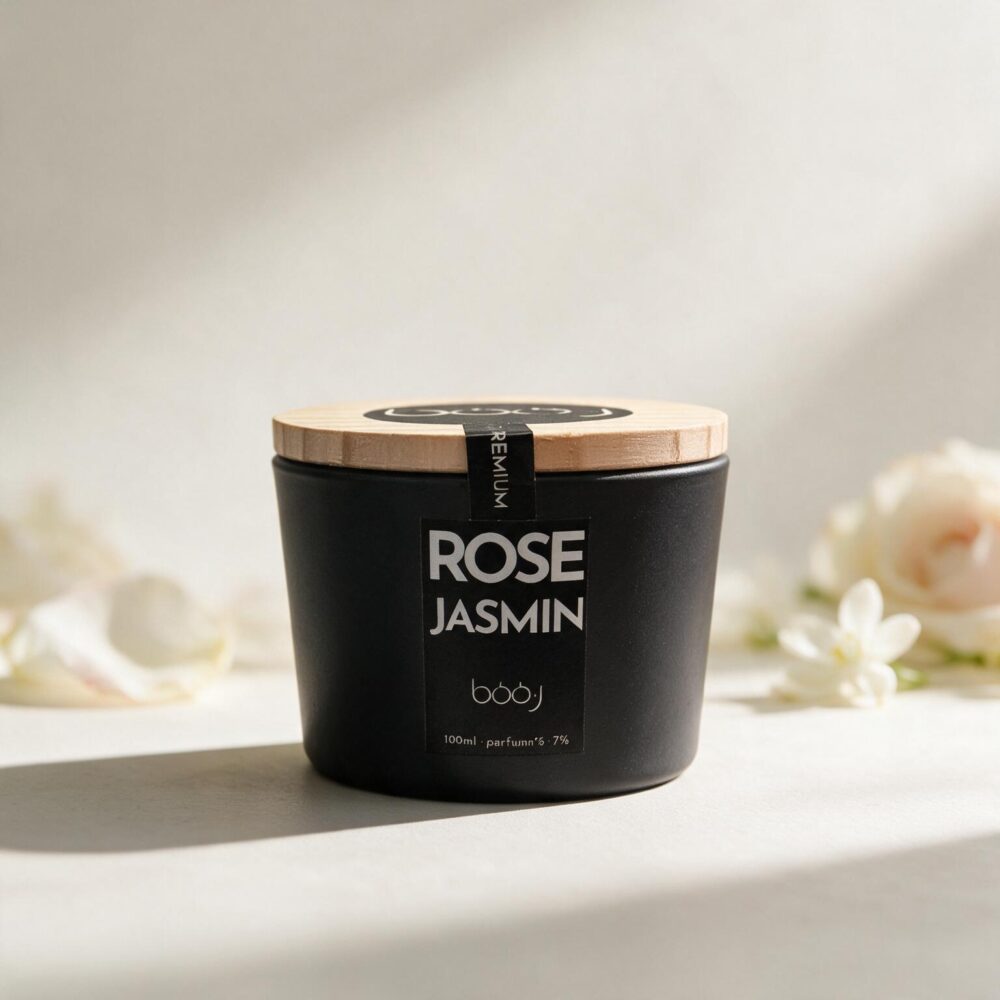Bougie parfumée boo·j Rose Jasmin 100ml, pot anthracite avec couvercle en bois