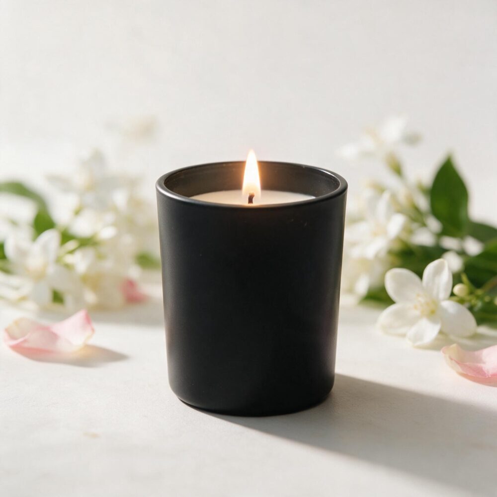 Bougie parfumée boo·j Rose Jasmin 160ml, pot noir avec couvercle en bois