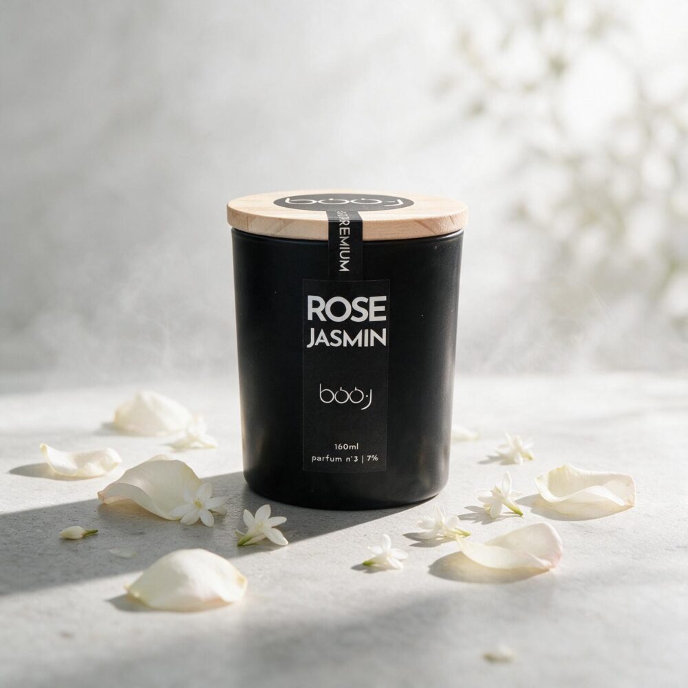 Bougie parfumée boo·j Rose Jasmin 160ml, pot noir avec couvercle en bois
