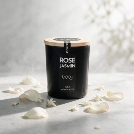 Bougie parfumée boo·j Rose Jasmin 160ml, pot noir avec couvercle en bois