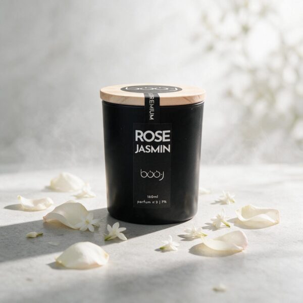 Bougie parfumée Rose Jasmin 160ml – boo·j Bougie parfumée boo·j Rose Jasmin 160ml, pot noir avec couvercle en bois