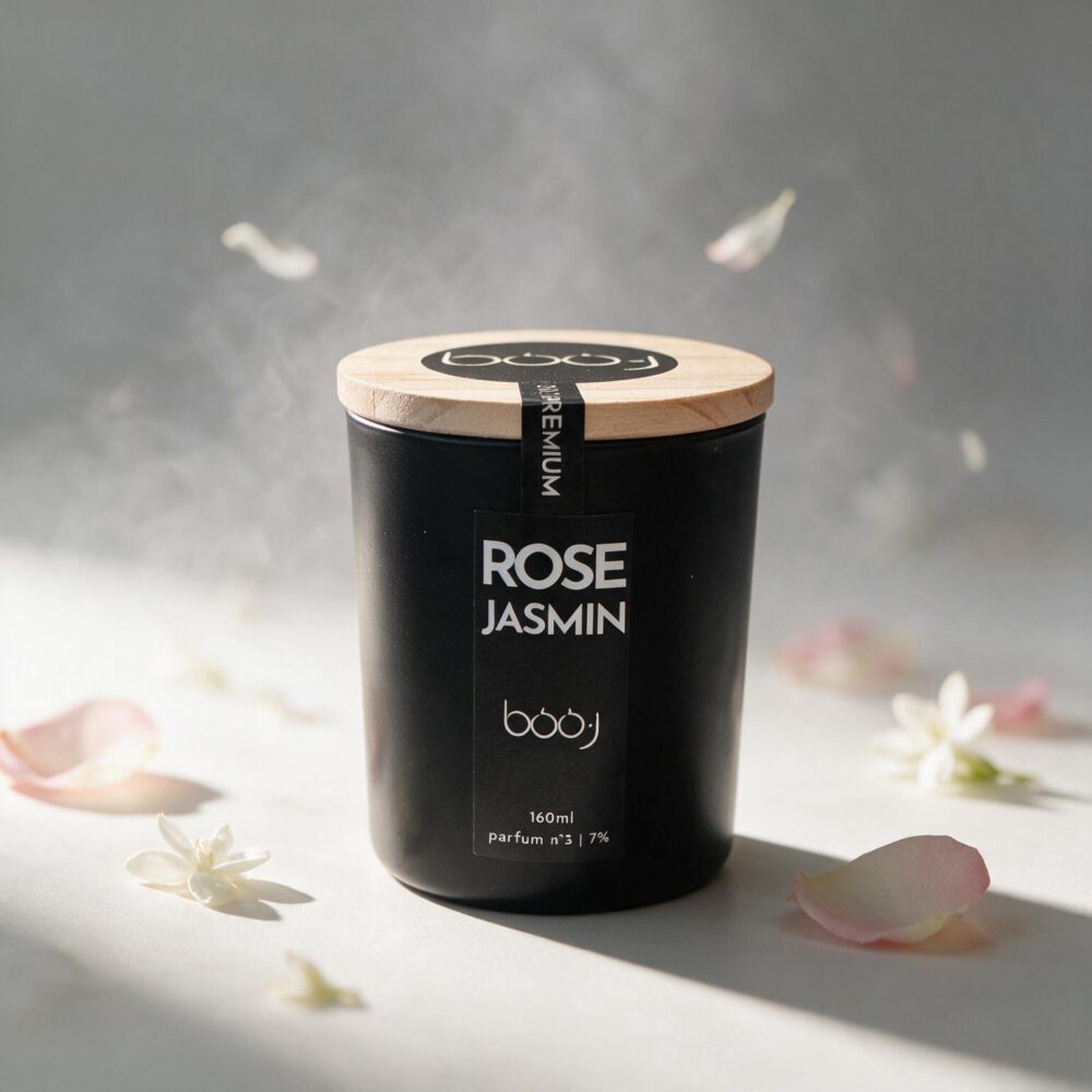 Bougie parfumée boo·j Rose Jasmin 160ml, pot noir avec couvercle en bois