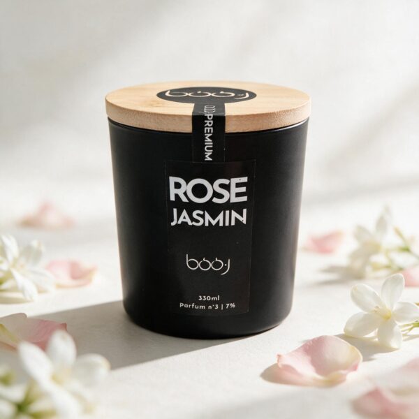 Bougie parfumée boo·j Rose Jasmin 330ml, pot noir avec couvercle en bambou