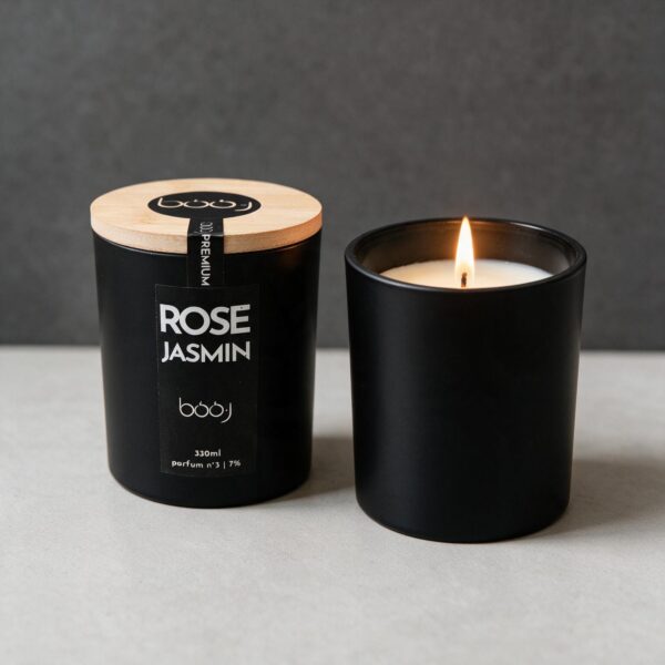 Bougie parfumée boo·j Rose Jasmin 330ml, pot noir avec couvercle en bambou