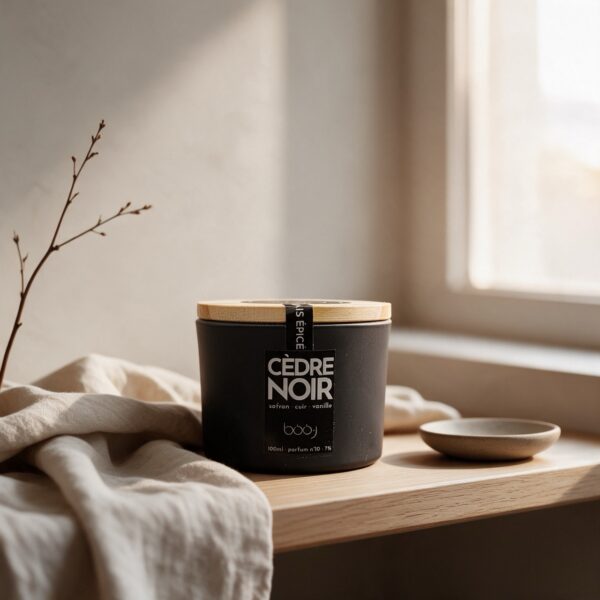 Bougie parfumée Cèdre Noir, parfum boo·j n°10, en pot de 100 ml, notes safran cuir vanille