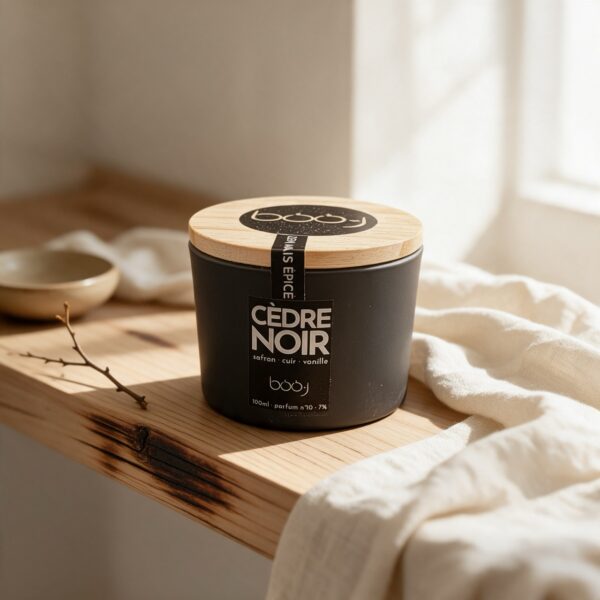 Bougie parfumée Cèdre Noir, parfum boo·j n°10, en pot de 100 ml, notes safran cuir vanille