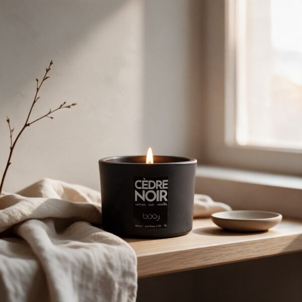 Bougie parfumée Cèdre Noir, parfum boo·j n°10, en pot de 100 ml, notes safran cuir vanille