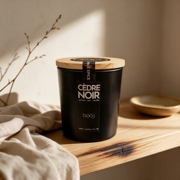 Bougie parfumée Cèdre Noir, parfum boo·j n°10, en pot de 160 ml, notes safran cuir vanille
