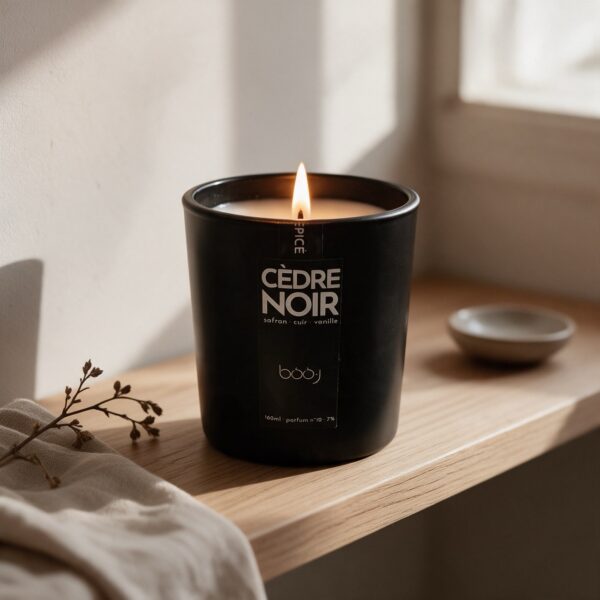 Bougie parfumée Cèdre Noir, parfum boo·j n°10, en pot de 160 ml, notes safran cuir vanille