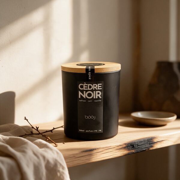 Bougie parfumée Cèdre Noir, parfum boo·j n°10, en pot de 330 ml, notes safran cuir vanille