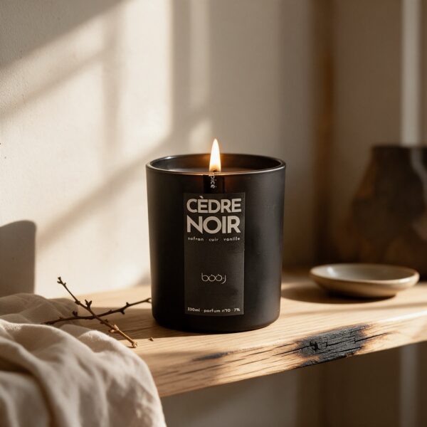 Bougie parfumée Cèdre Noir, parfum boo·j n°10, en pot de 330 ml, notes safran cuir vanille