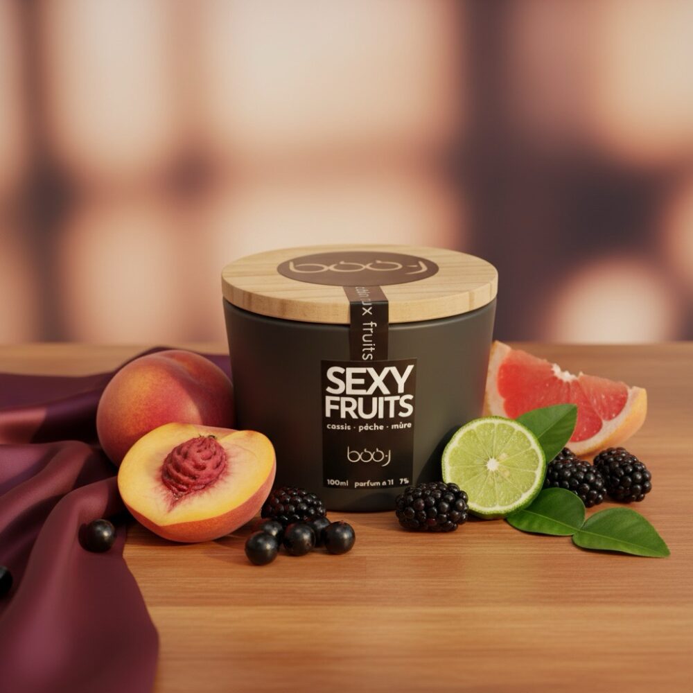 Bougie parfumée Sexy Fruits de 100 ml dans un pot noir.