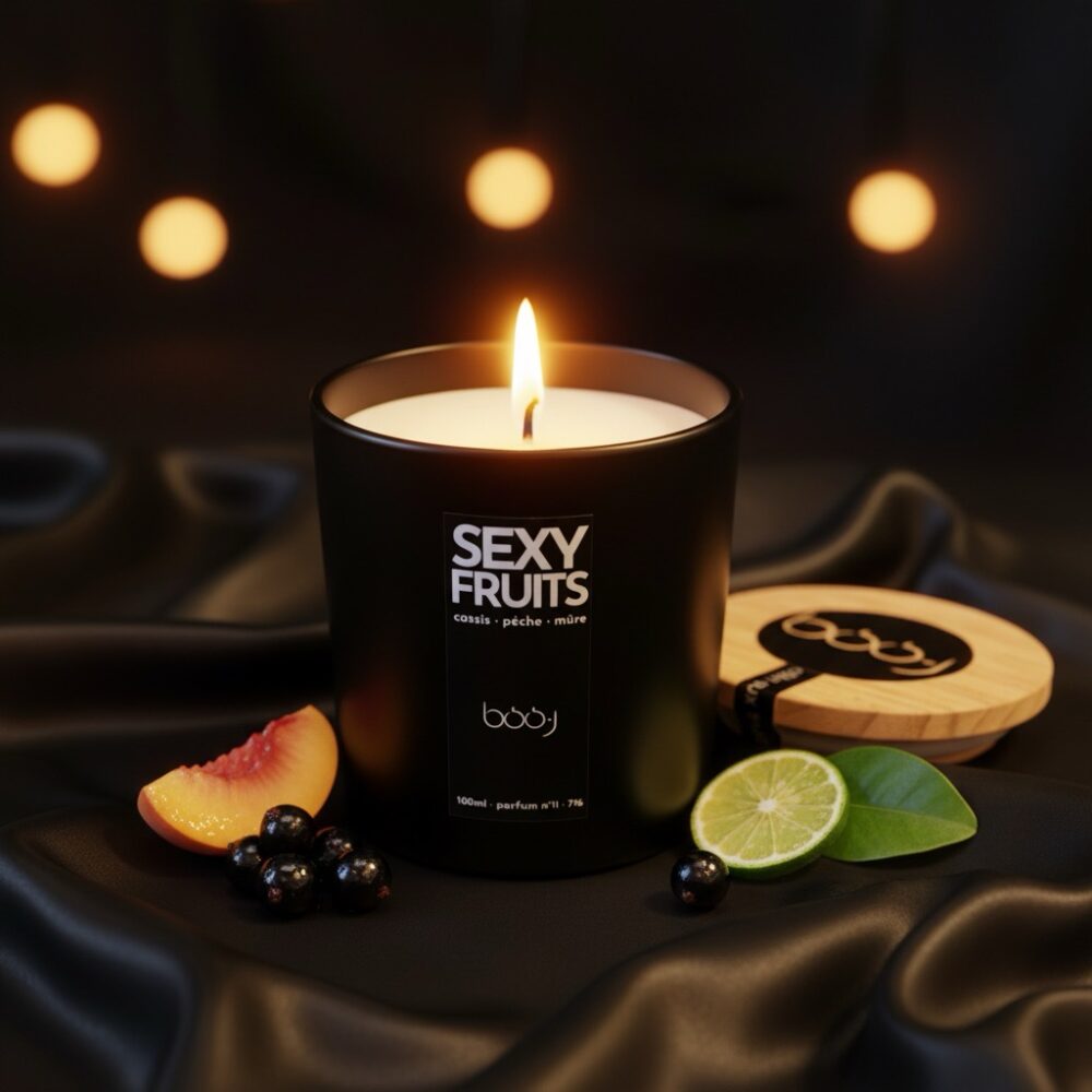 Bougie parfumée Sexy Fruits de 160 ml dans un pot noir.