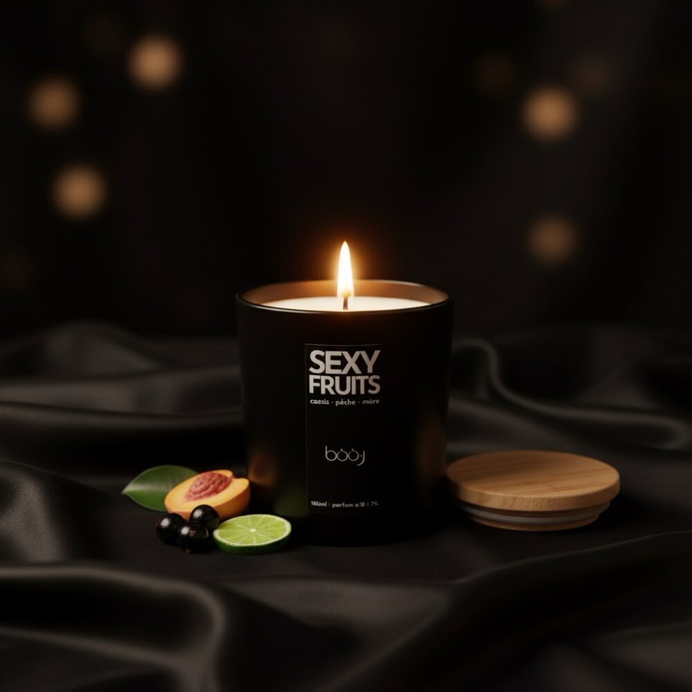 Bougie parfumée Sexy Fruits de 160 ml dans un pot noir.