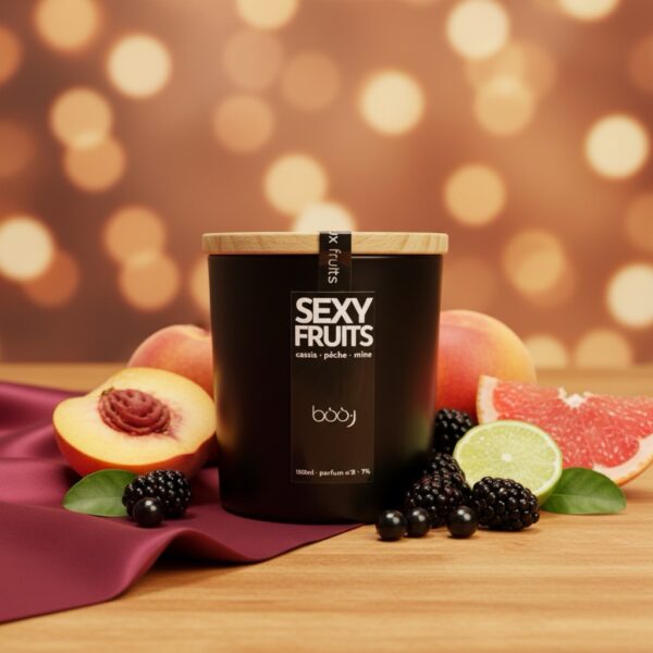 Bougie parfumée Sexy Fruits de 160 ml dans un pot noir.
