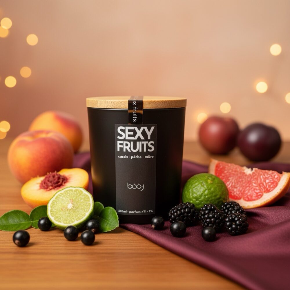 Pot noir contenant une bougie parfumée Sexy Fruits de 330 ml.