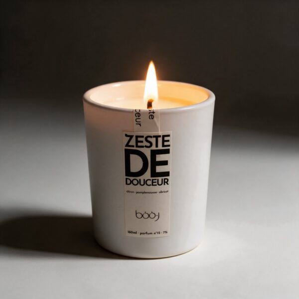 Bougie parfumée boo·j Zeste de Douceur, pot blanc de 330 ml, aux notes d'abricot, de citron et de pamplemousse