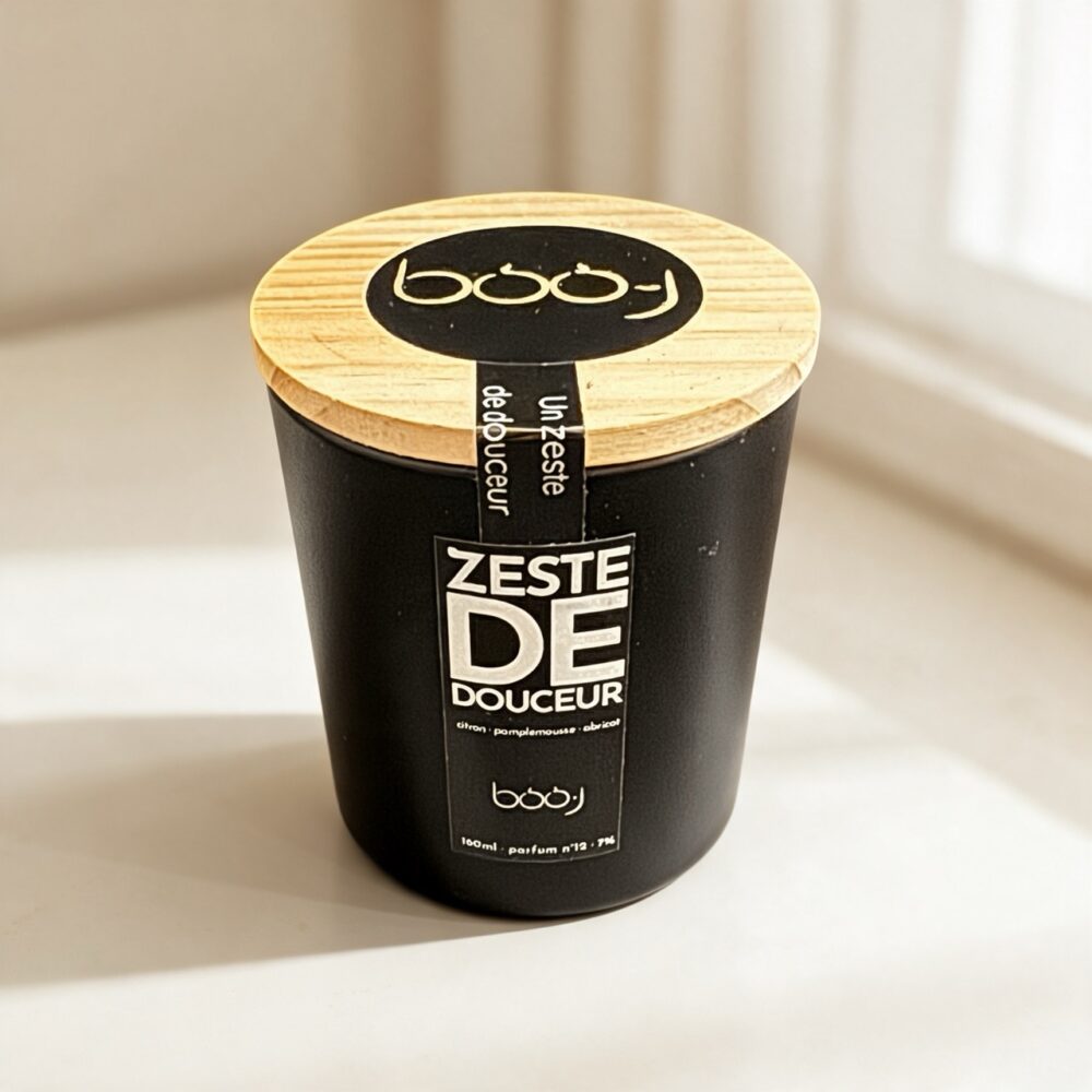 Bougie parfumée boo·j Zeste de Douceur, pot noir de 160 ml, aux notes d'abricot, de citron et de pamplemousse