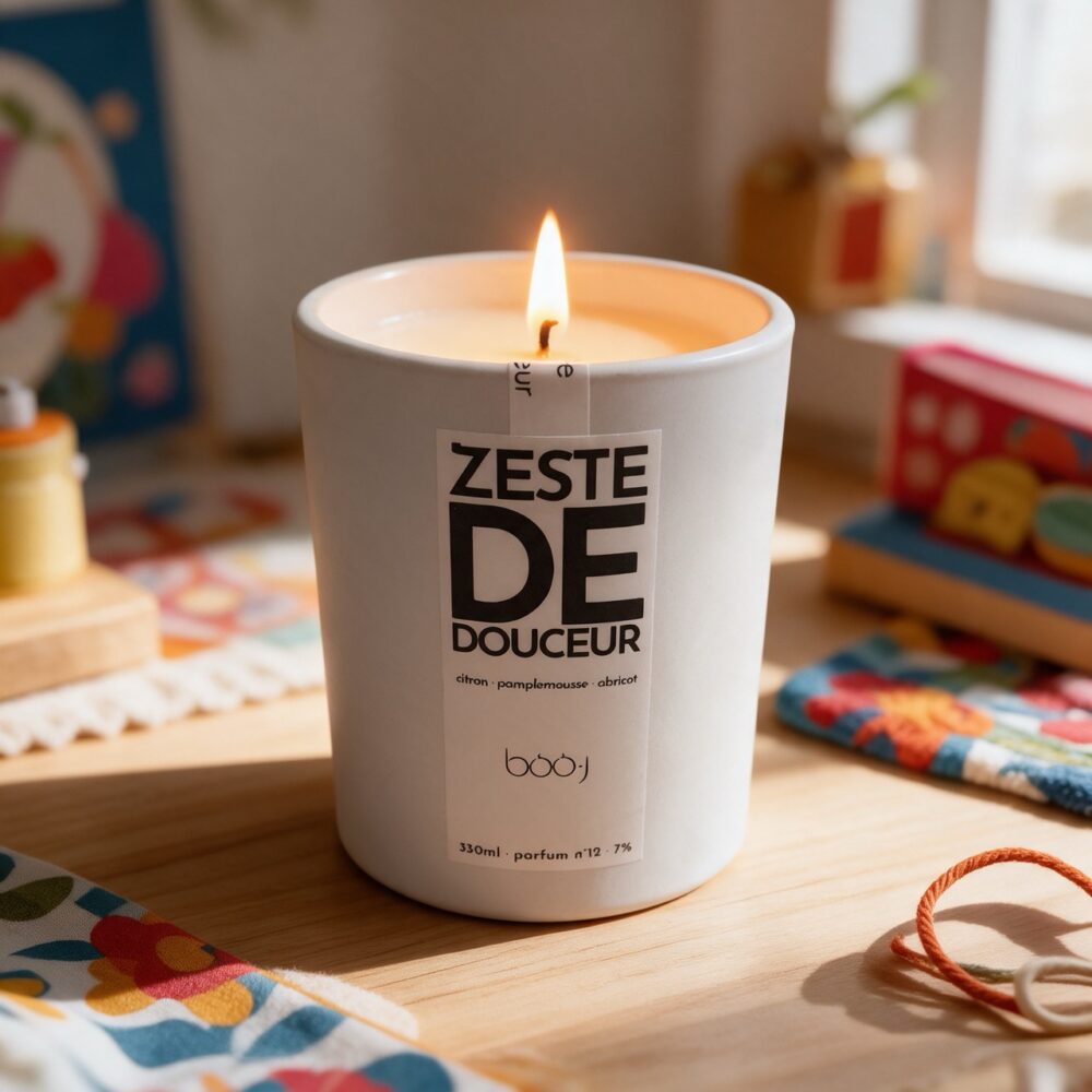 Bougie parfumée boo·j Zeste de Douceur, pot blanc de 330 ml, aux notes d'abricot, de citron et de pamplemousse