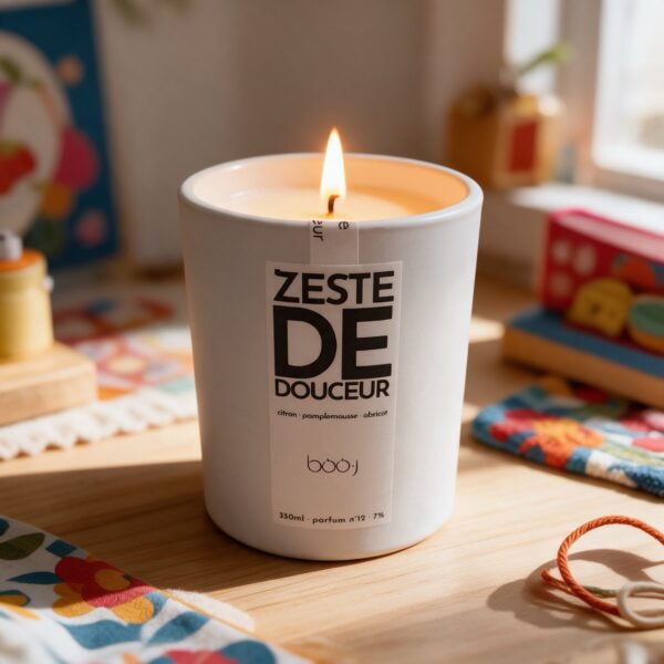 Bougie parfumée boo·j Zeste de Douceur, pot blanc de 330 ml, aux notes d'abricot, de citron et de pamplemousse